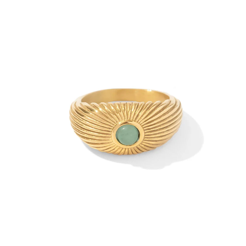Green Stone Geometric Wrap Ring in gold with textured design and green stone centerpiece.