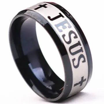 Bible Scripture Titanium Ring featuring the word Jesus and crosses, ideal for expressing faith and style.