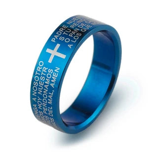 Bible Scripture Titanium Ring in blue with religious text and cross design, suitable for men and women.