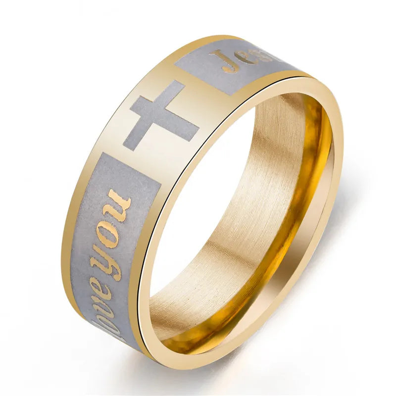 Bible Scripture Titanium Ring with faith-inspired design featuring a cross and the words 'love you' and 'Jesus'.