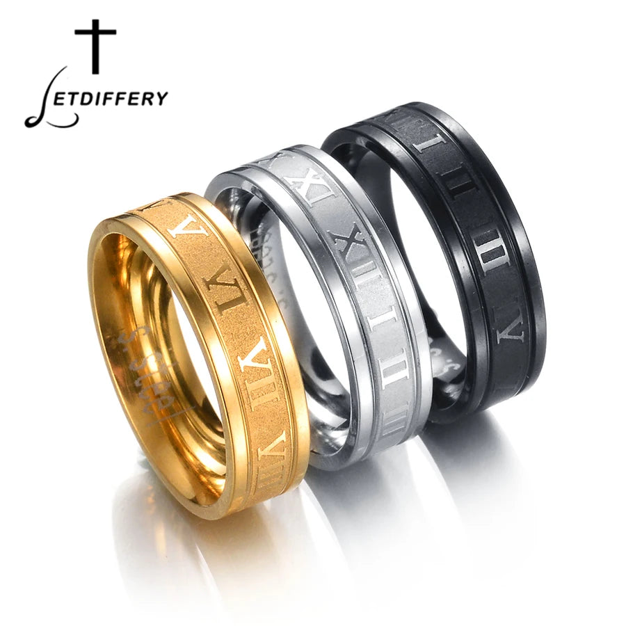 Stainless Steel Numeral Rings featuring gold, silver, and black finishes with engraved numeral details.