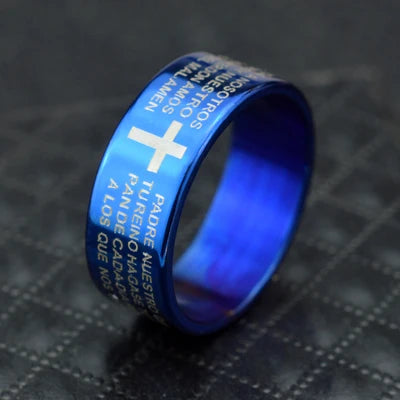 Bible Scripture Titanium Ring featuring an engraved cross on a blue background.