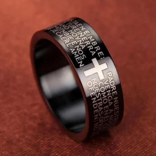 Bible Scripture Titanium Ring featuring a modern design with engraved scripture and a cross.