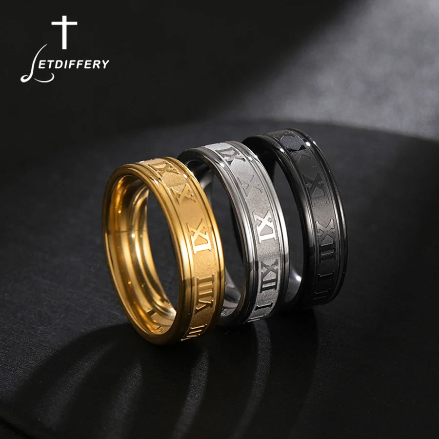 Stainless Steel Numeral Rings β Modern Unisex Fashion Band featuring gold, silver, and black styles.