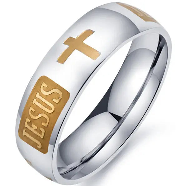 Bible Scripture Titanium Ring showcasing a modern design with engraved scripture and a cross, crafted for both men and women.
