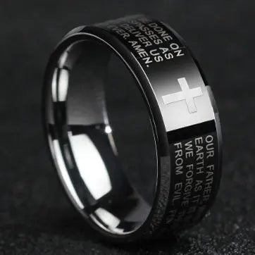 Bible Scripture Titanium Ring featuring an engraved prayer and cross design for men and women.