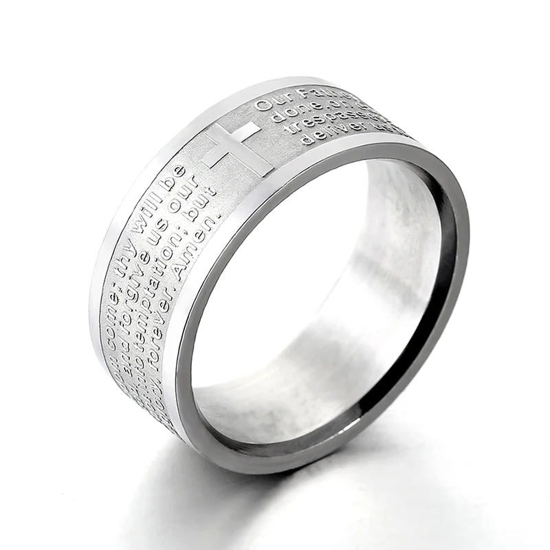 Bible Scripture Titanium Ring featuring engraved text and cross design on a durable band.