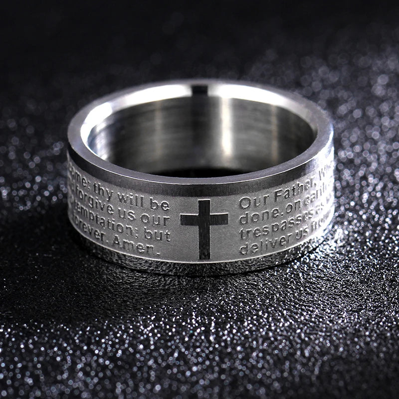 Bible Scripture Titanium Ring featuring engraved scripture and a cross design, ideal for men and women.