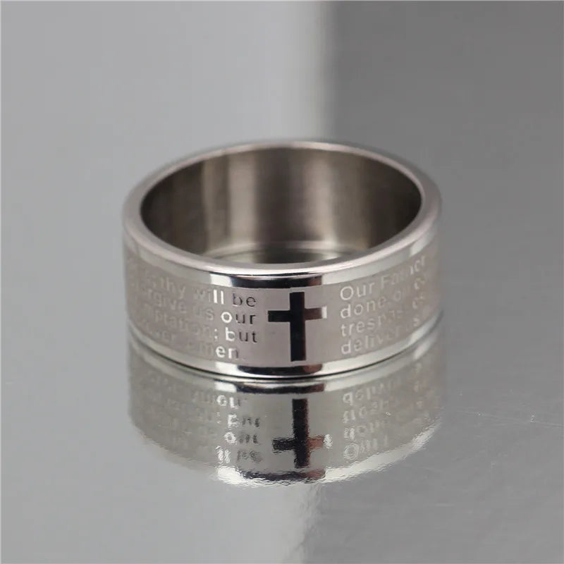 Bible Scripture Titanium Ring featuring engraved cross design and inspirational text on a sleek band.