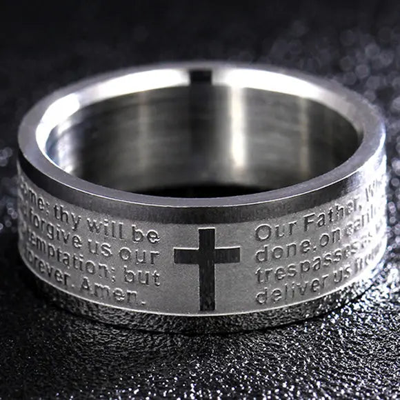 Bible Scripture Titanium Ring featuring engraved prayer and cross design, showcasing modern style for men and women.