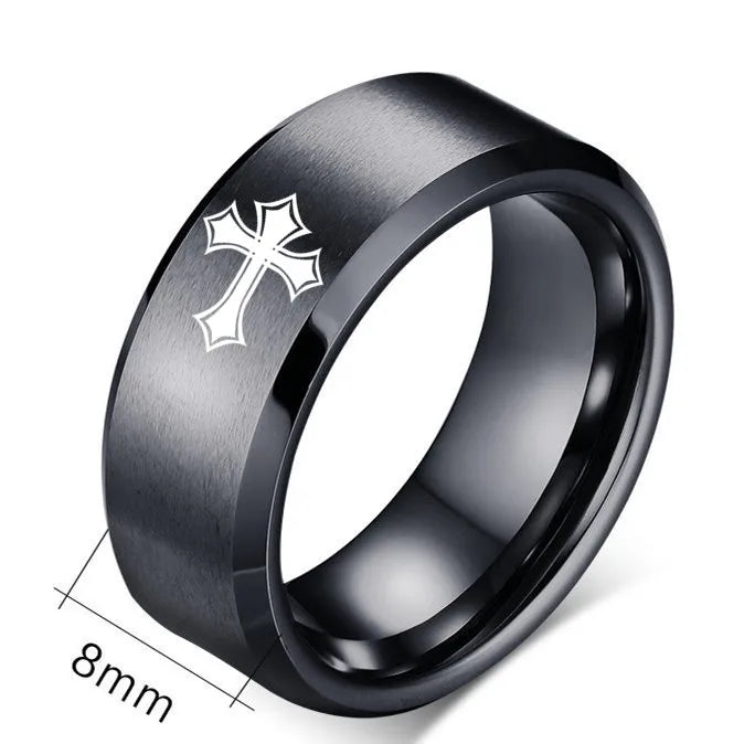 Bible Scripture Titanium Ring featuring an 8mm band with a cross design, showcasing modern style and religious faith.
