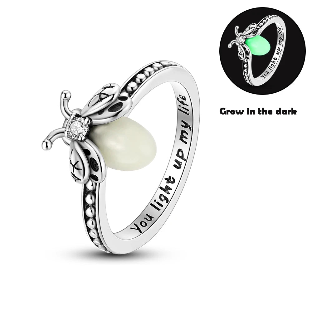 Sterling Silver Wedding Engagement Ring with a glow-in-the-dark feature and the inscription 'You light up my life'.