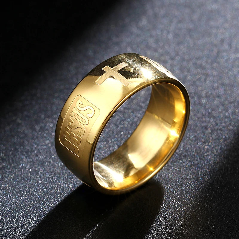 Bible Scripture Titanium Ring featuring gold finish with engraved 'Jesus' and cross design.