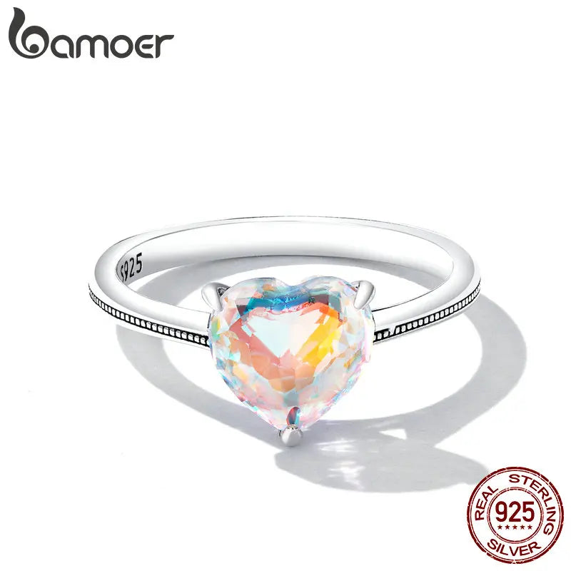 Luxury Sterling Silver Wedding Engagement Ring with heart-shaped zircon centerpiece by BAMOER.
