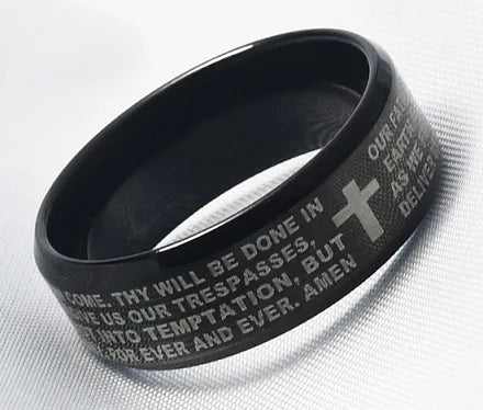Bible Scripture Titanium Ring featuring engraved scripture and cross design for both men and women.