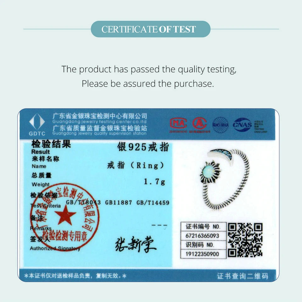 Certificate of test for Authentic Silver Sun Moon Ring indicating quality assurance and verification.