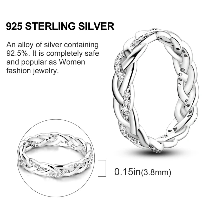 Sterling Silver Wedding Engagement Ring showcasing intricate braided design and shimmering zircon accents.