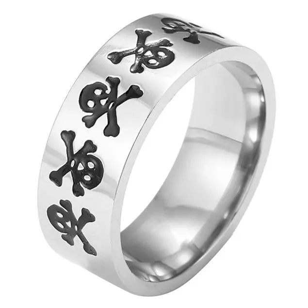 Bible Scripture Titanium Ring with skull and crossbones design, modern style for unisex wear.