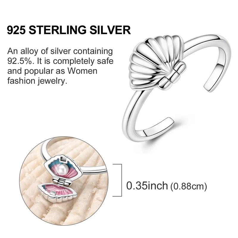 Sterling Silver Wedding Engagement Ring featuring a shell design with a pink center, crafted from 925 sterling silver.