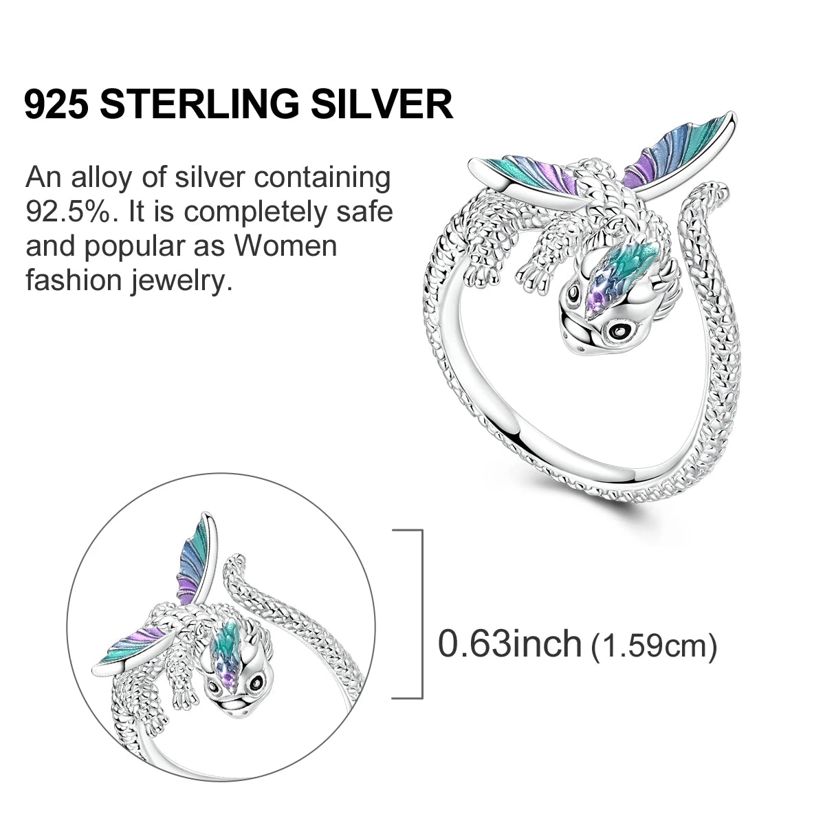 925 sterling silver ring featuring colorful dragon design, popular in women's fashion jewelry.