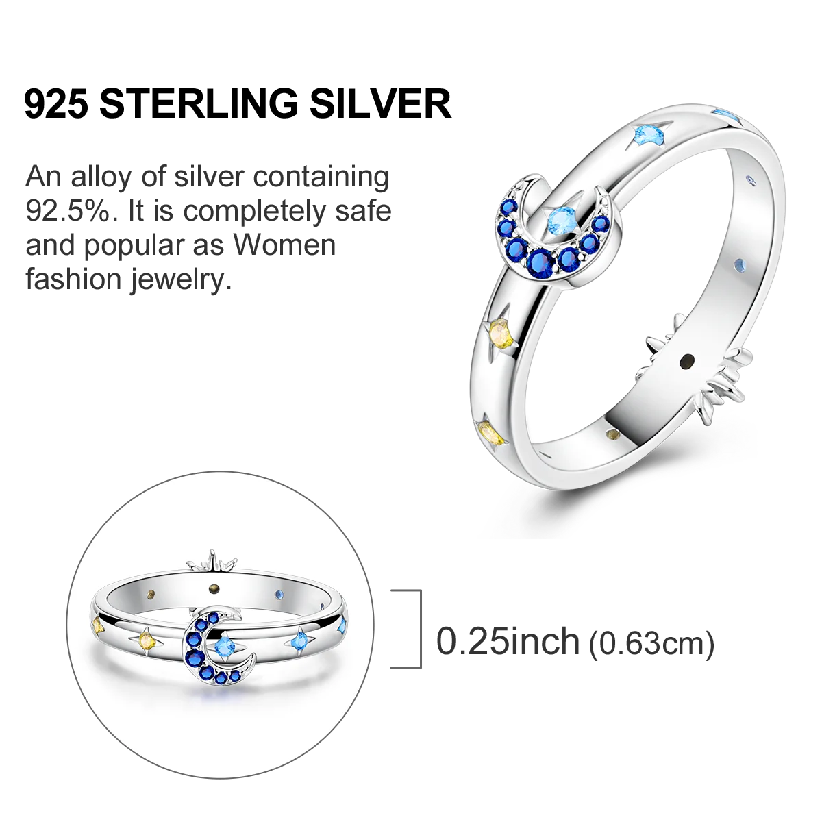 Sterling Silver Wedding Engagement Ring with blue and yellow zircon stones in a unique design, symbolizing eternal love.