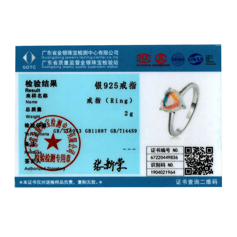 Luxury Sterling Silver Wedding Engagement Ring certificate of authenticity with gemstone details and specifications.