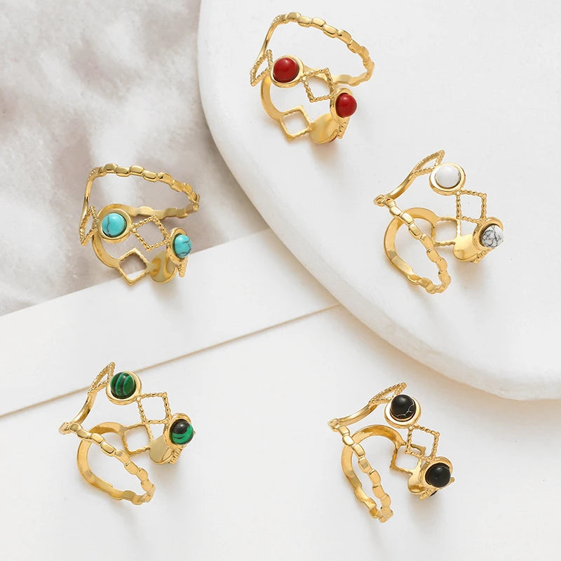Timeless trendy stone layered ring - collection featuring colorful stones with a chic gold design on a soft background.