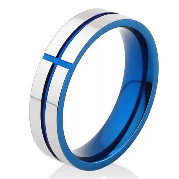 Bible Scripture Titanium Ring β Modern style with a sleek blue and silver design for men and women.