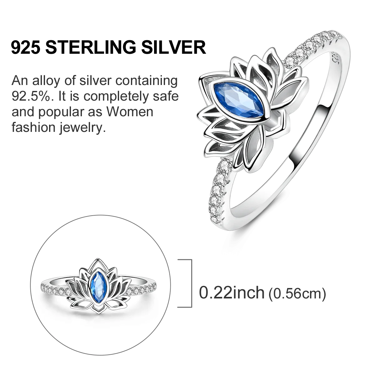Sterling Silver Wedding Engagement Ring featuring a blue zircon centerpiece and lotus flower design, elegant and timeless.