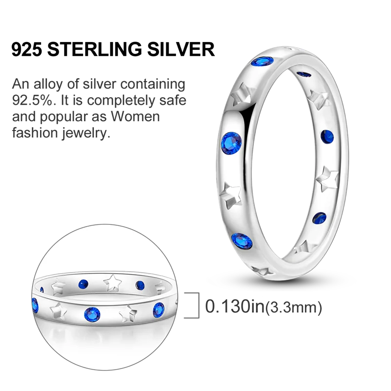 Sterling Silver Wedding Engagement Ring featuring blue zircon accents and star detailing, symbolizing eternal love and commitment.