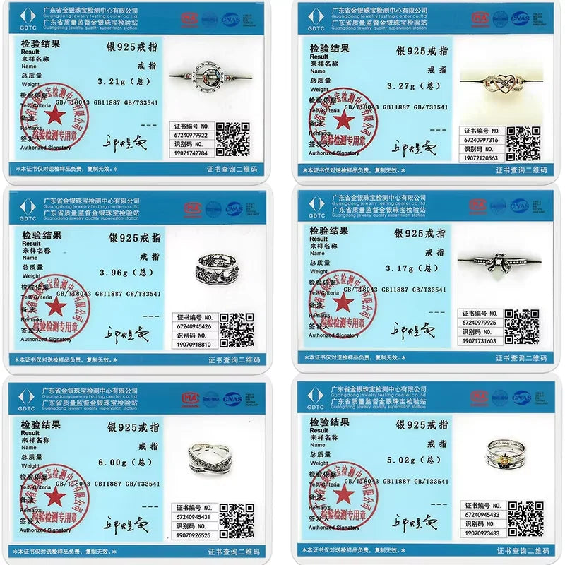 Authentic certificates for Sterling Silver Wedding Engagement Ring showcasing 925 sterling silver quality.