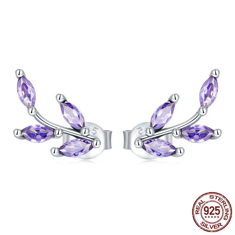 Genuine 925 Sterling Silver Purple Branch Stud Earrings