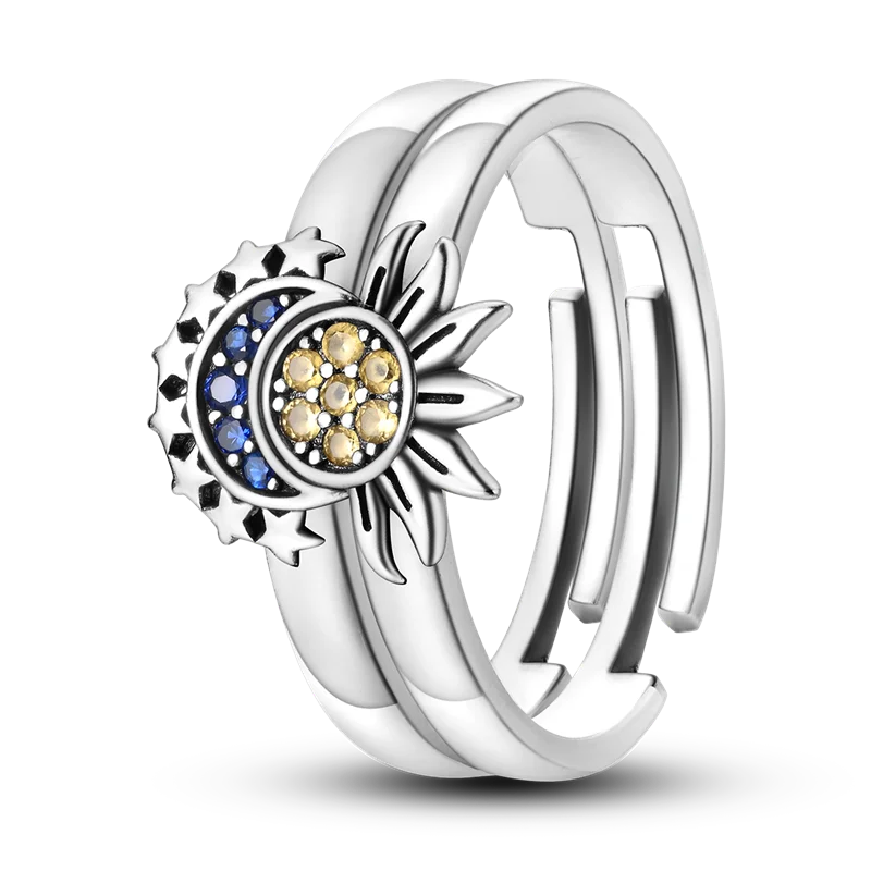 Sterling Silver Wedding Engagement Ring with sun and moon design, featuring colorful stones and a unique braided band.