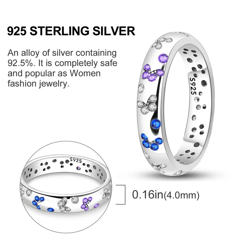 Sterling Silver Wedding Engagement Ring featuring purple and blue zircon embellishments, made from 925 sterling silver.