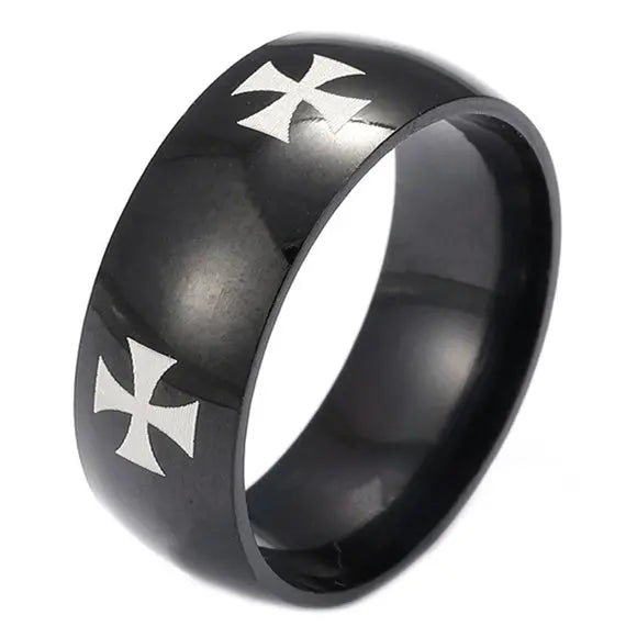 Bible Scripture Titanium Ring featuring a sleek black band with silver crosses for a modern style.