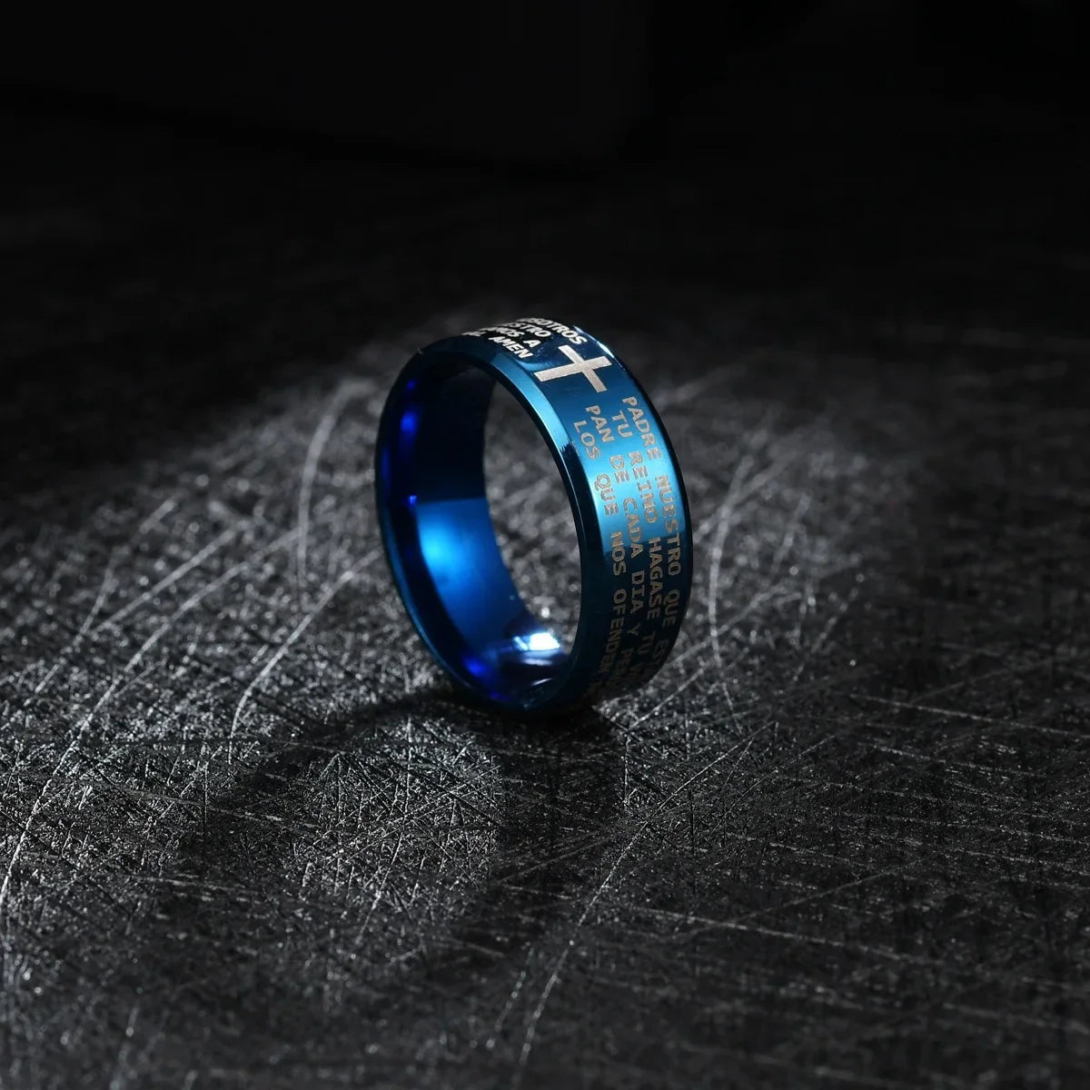 Bible Scripture Titanium Ring showcasing blue finish and engraved text, modern style for men and women.