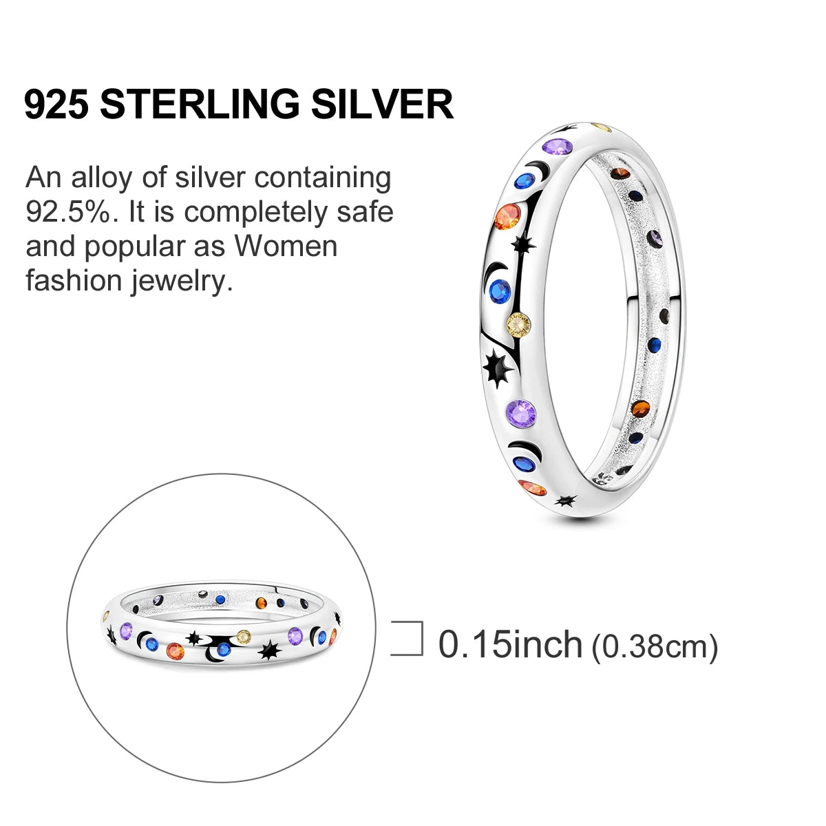 Sterling Silver Wedding Engagement Ring featuring colorful gemstones and a 0.15 inch width, crafted from 925 sterling silver.