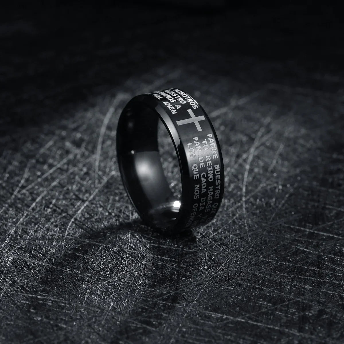 Bible Scripture Titanium Ring featuring a cross design, sleek black finish, and modern style for men and women.