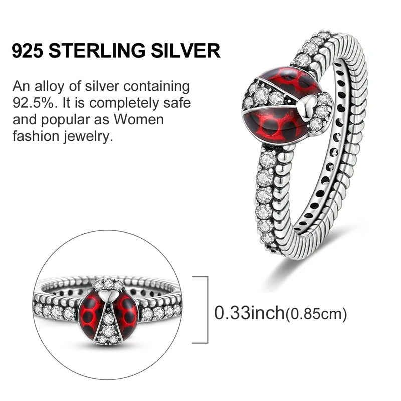 Sterling Silver Wedding Engagement Ring featuring ladybug design and sparkling zircon accents.