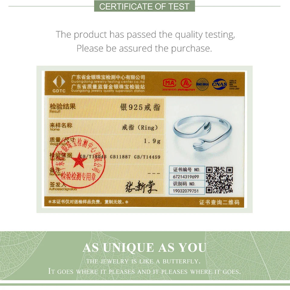 Sterling Silver Warmth Adjustable Ring Certificate of test for Sterling Silver Warmth Adjustable Ring, confirming quality assurance and authenticity.