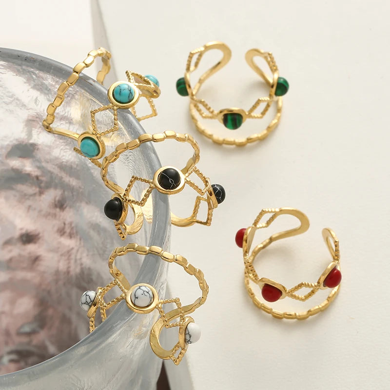 Timeless trendy stone layered ring - collection featuring colorful stones on stylish gold bands.