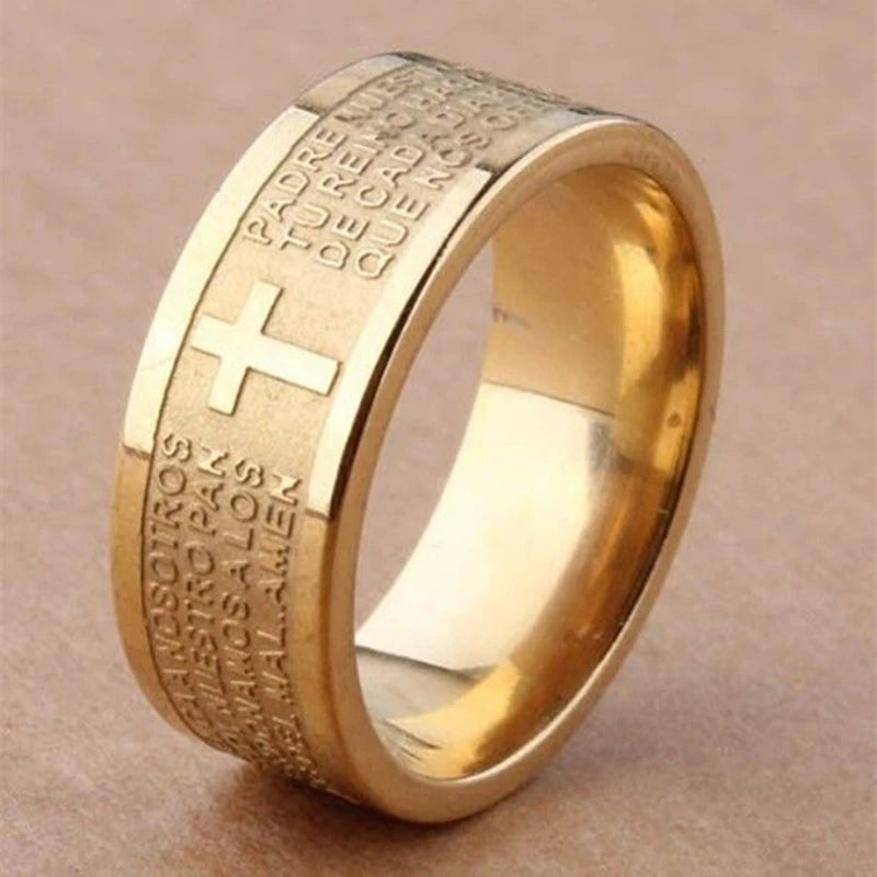 Bible Scripture Titanium Ring featuring engraved text and cross design in gold finish, perfect for men and women.