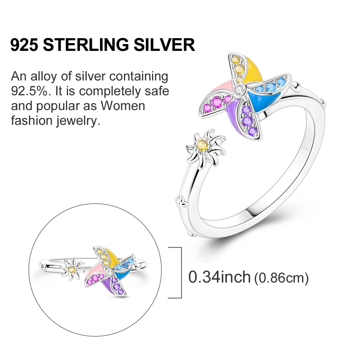 Sterling Silver Wedding Engagement Ring featuring colorful zircon accents in a delicate floral design.