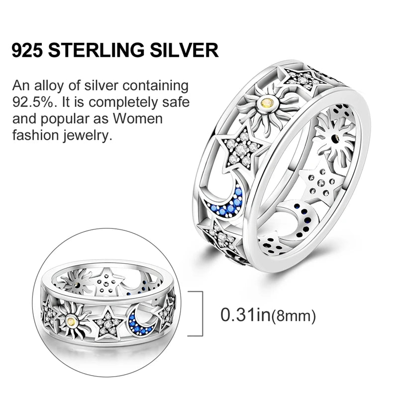 Sterling Silver Wedding Engagement Ring featuring stars and moons design made from 925 sterling silver.
