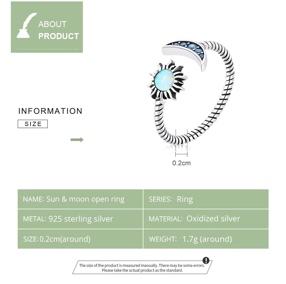 Authentic Silver Sun Moon Ring - Open design in 925 sterling silver with sun and moon motifs, showcasing celestial charm.