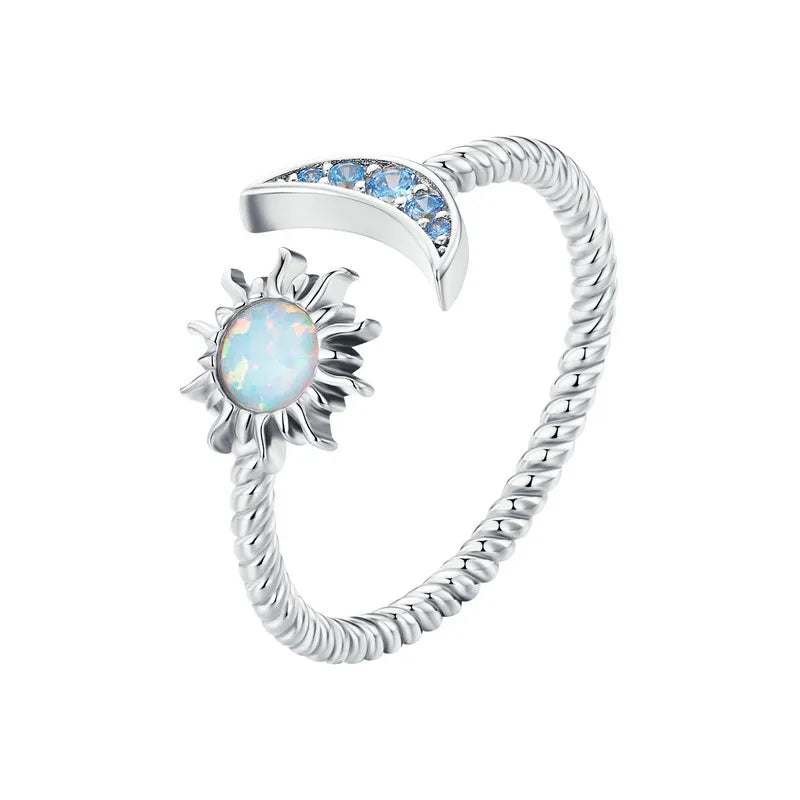 Authentic Silver Sun Moon Ring featuring a radiant sun and crescent moon design in sterling silver.