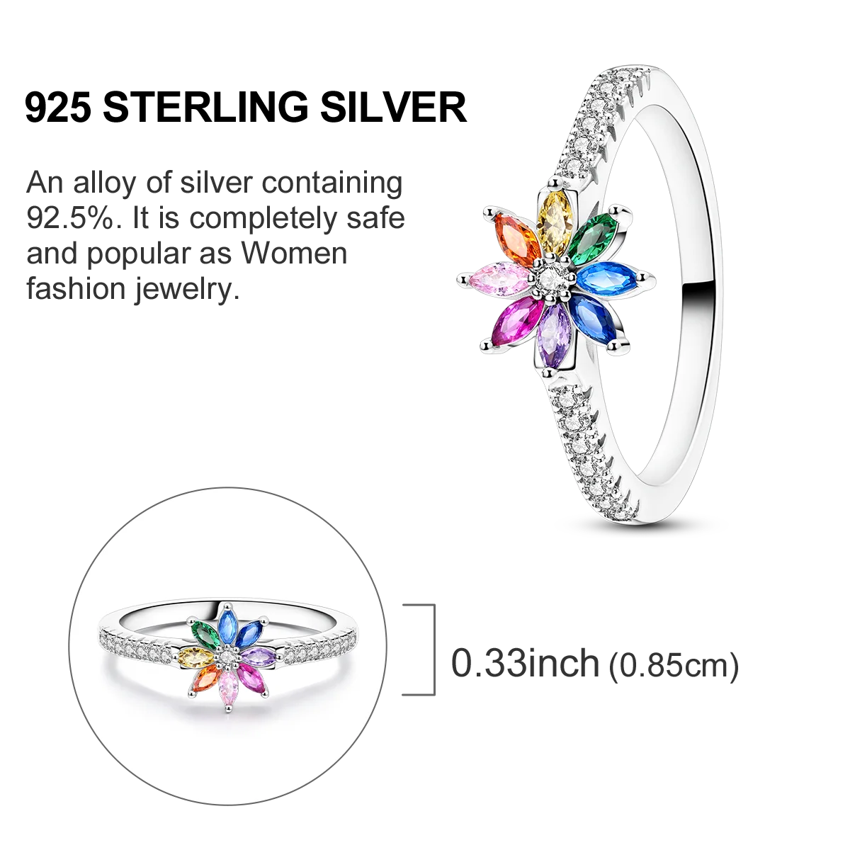 Sterling Silver Wedding Engagement Ring featuring a colorful gemstone flower design with sparkling accents.