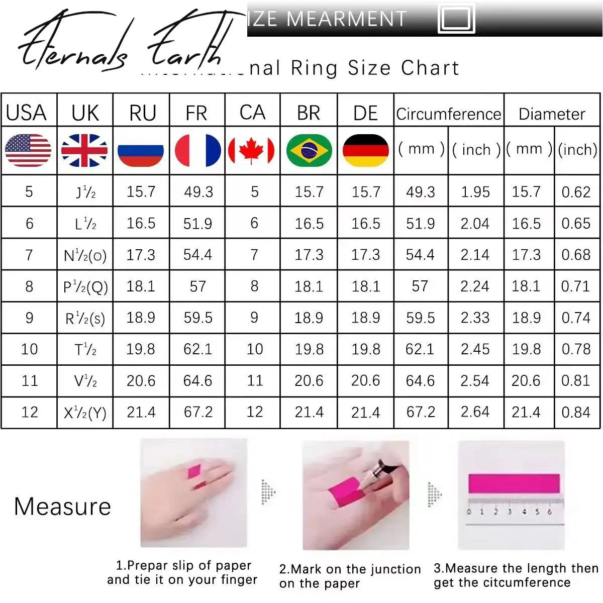 Eternals Earth ring size chart displaying international sizes for accurate fitting.