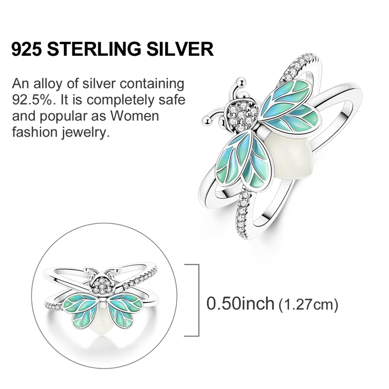 Sterling Silver Wedding Engagement Ring featuring a bee design with blue enamel and sparkling zircon accents.