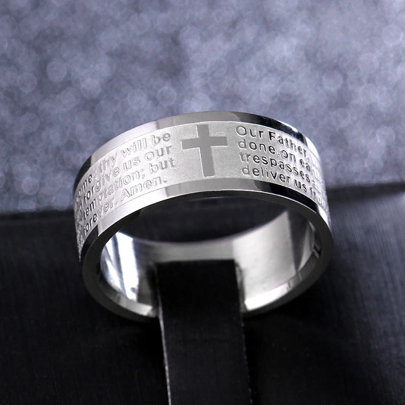 Bible Scripture Titanium Ring, modern style band with engraved scripture and cross, for men and women.